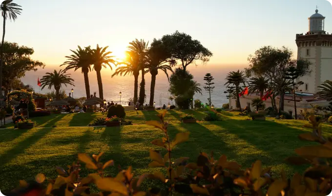 Sunset view at the green park and sea